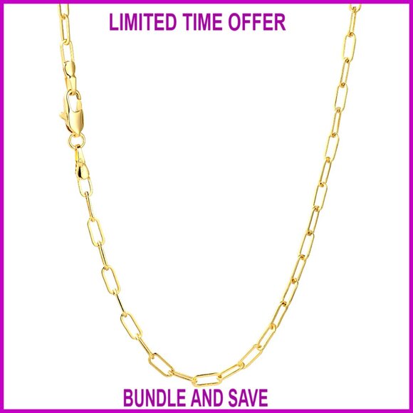 14K Gold Paperclip Chain Necklace 2.5mm Unisex 18-24 Inches